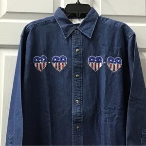 NWT dark denim blue blouse jacket Patriotic heart red